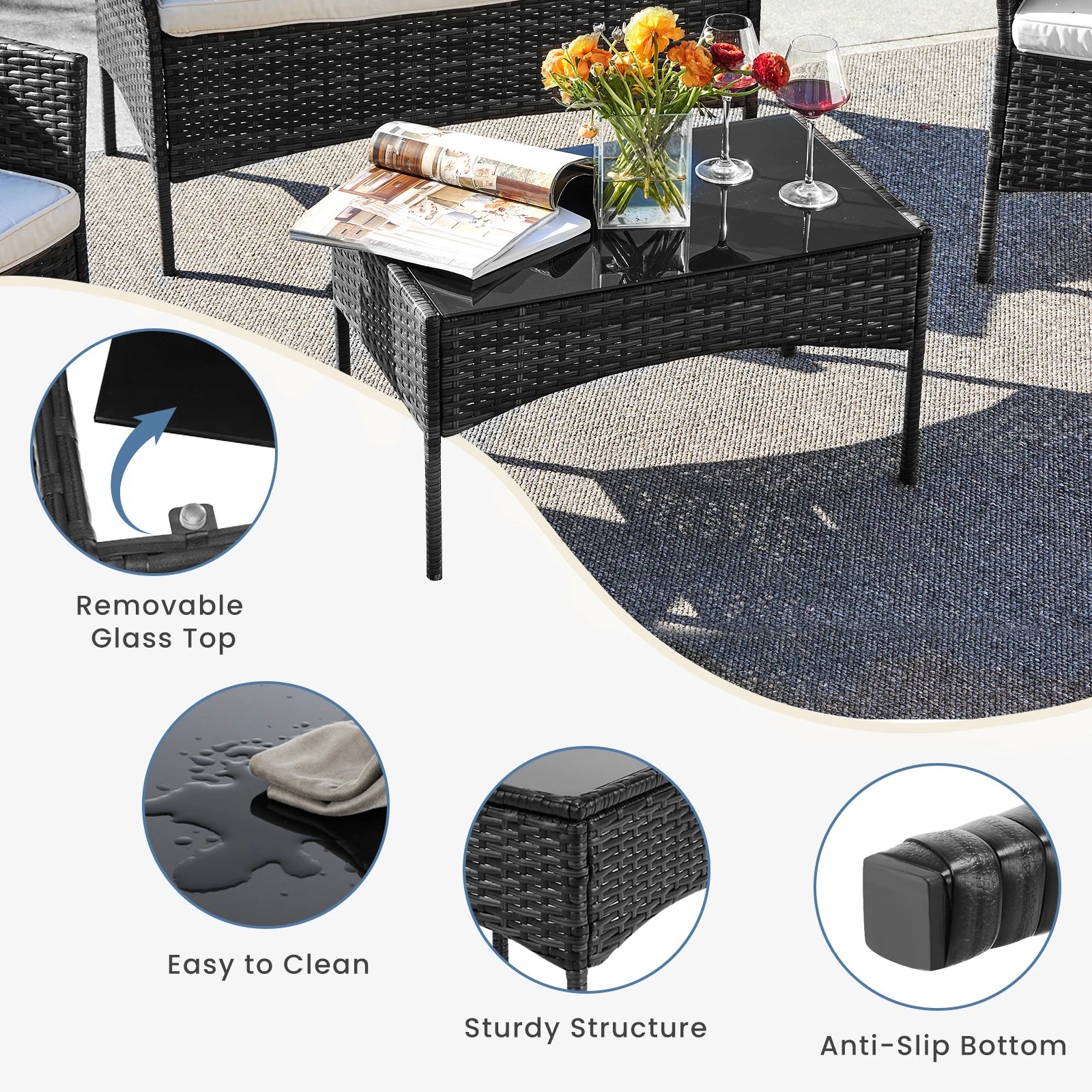 JHK 4 Piece Outdoor Patio Furniture Set with Soft Cushion and Glass Table Manual Weaving Wicker Rattan Patio Chairs For Garden