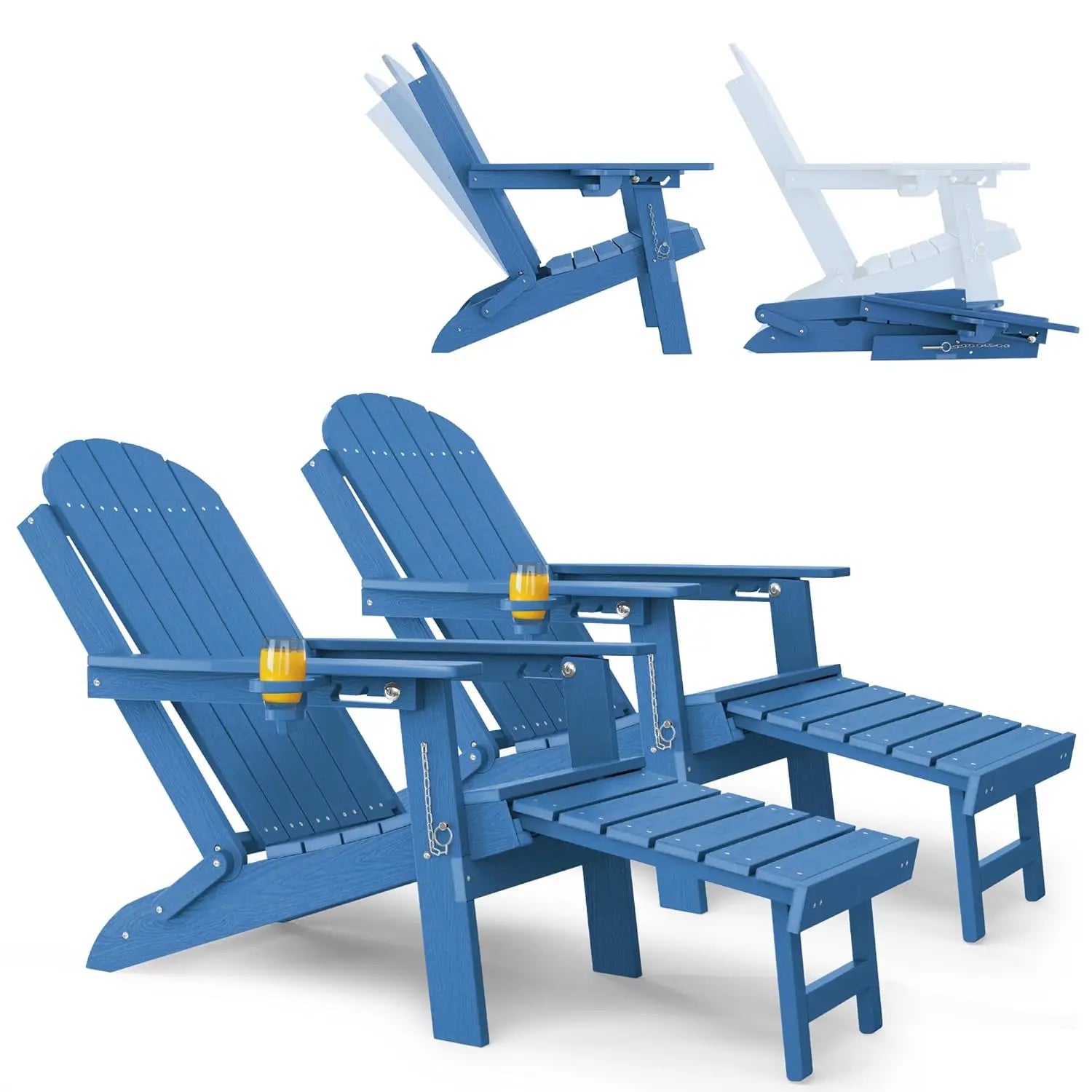HDPE Folding Adirondack Chair Set 2 Retractable Ottoman Cup Holder All-Weather Patio Pool Fire Pit, Customized