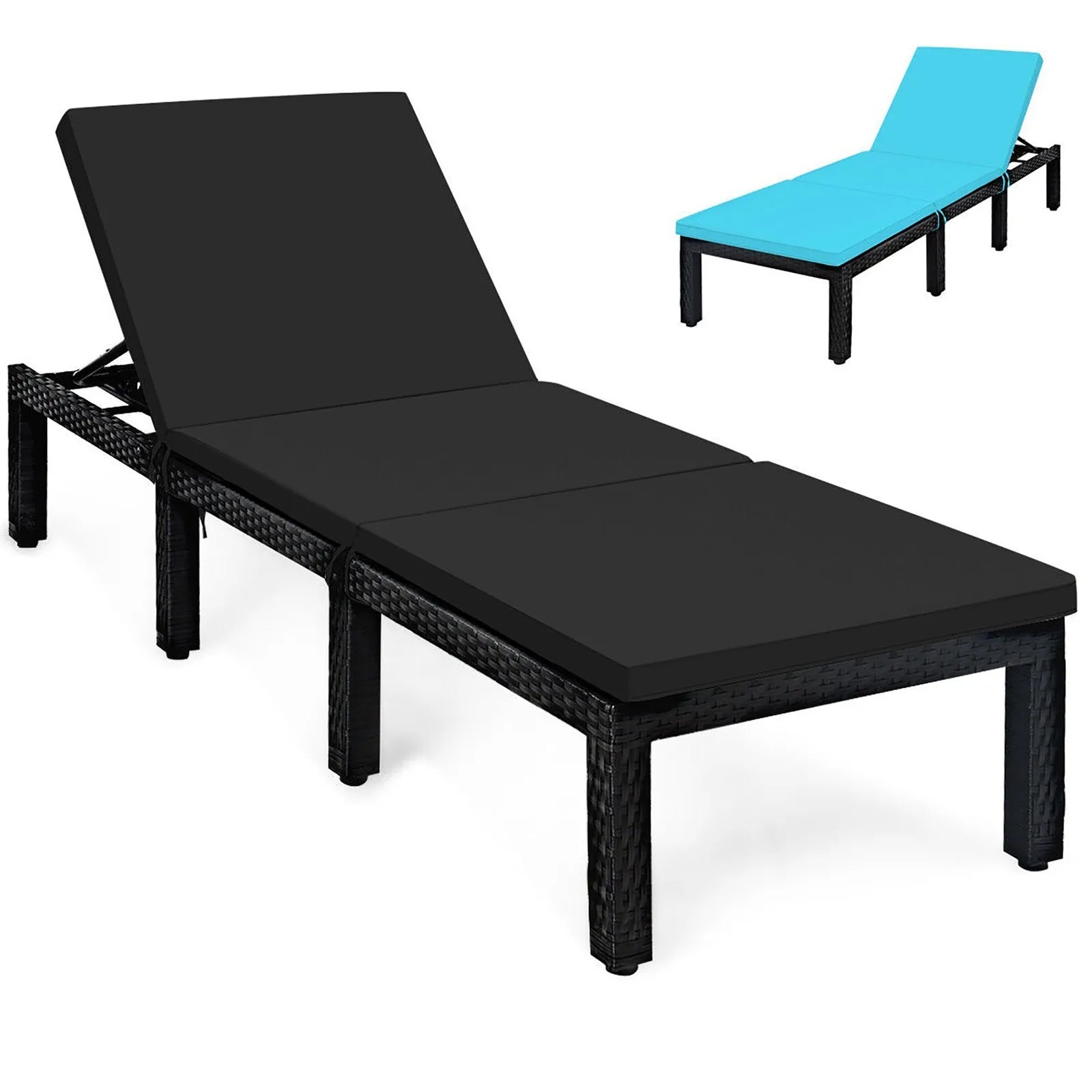 Adjustable Rattan Patio Chaise Lounge Chair Couch w/ Black & Turquoise Cushion