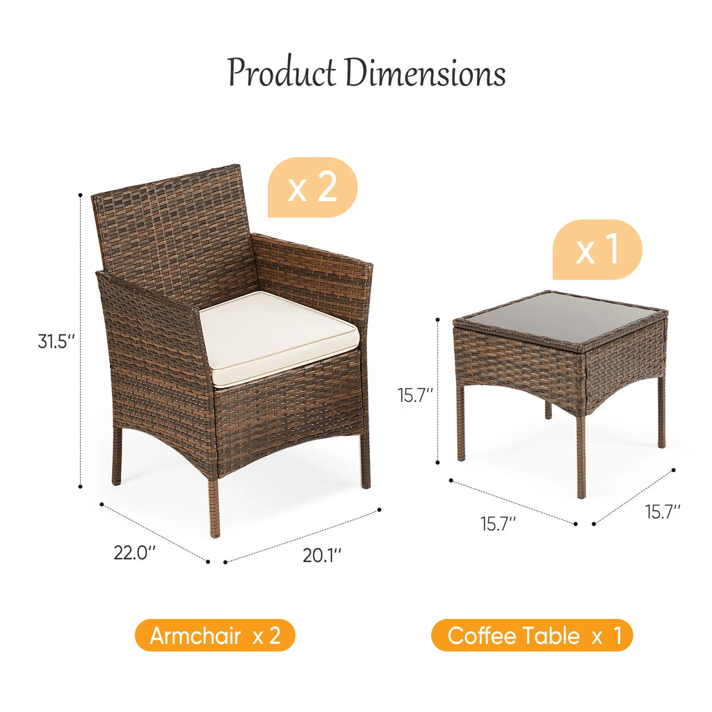 JHK 3 Pieces Outdoor Patio Furniture Set Manual Weaving Wicker Rattan Patio Chairs with Soft Cushion and Glass Table For Garden