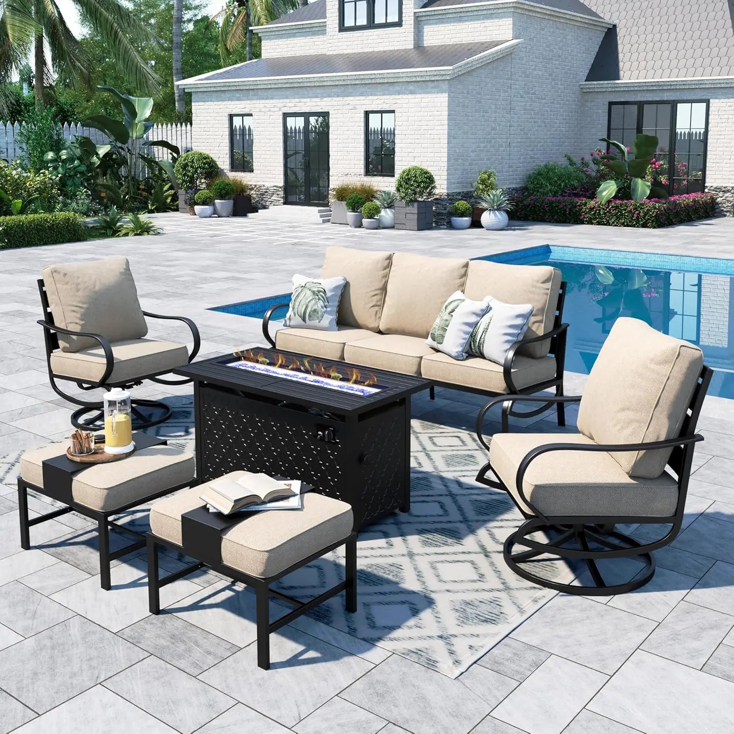 45" Gas Fire Pit Table With 2 X Swivel Chairs, Cushioned Sofa