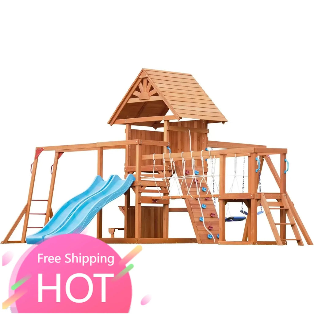 Best Seller Swing Sets for Backyard with Plank Bridge, Wooden Playground Sets for Backyards with 2 Wave Slides, Monkey bar