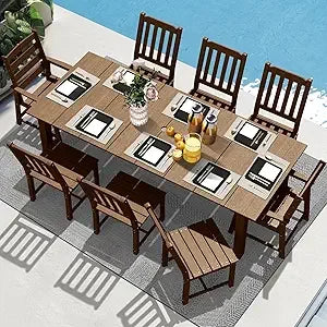 7 Pieces Patio Dining Sets, 75.2'' Table Outdoor HDPE Furniture Set w/ 2" Hole Cut-Out Dining Table with 6 Patio Chairs for Law