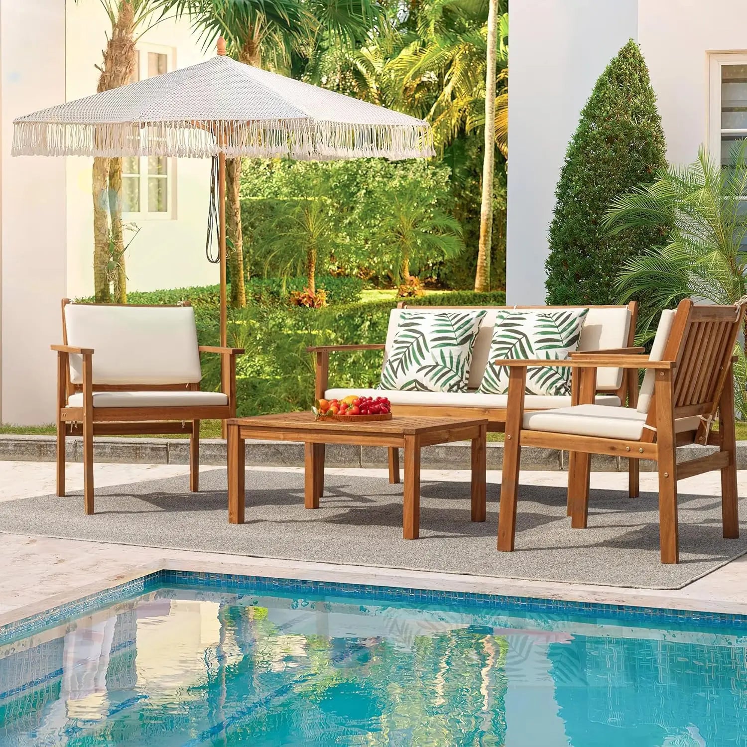 Patio Furniture 4 Piece Outdoor Acacia Wood Patio Conversation Sofa Set with Table & Cushions Porch Furniture for, Customized