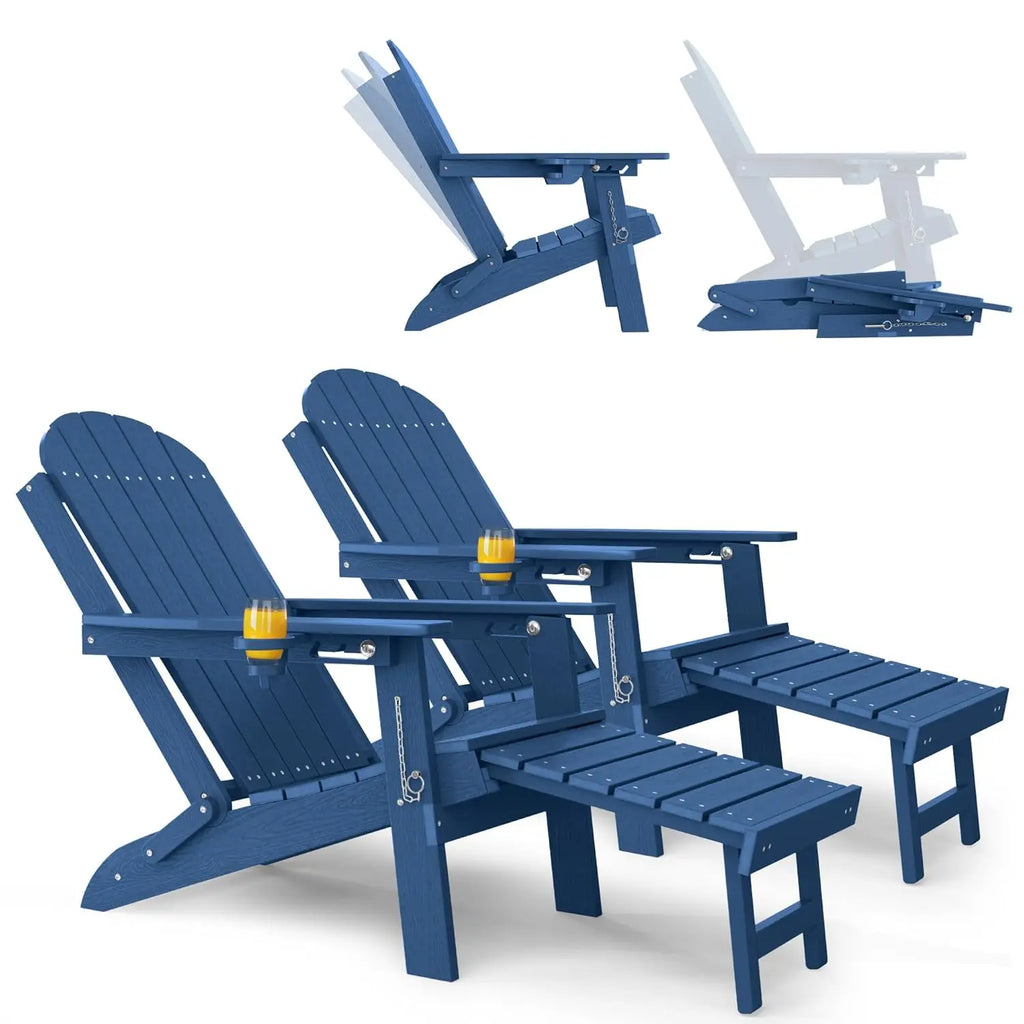 HDPE Folding Adirondack Chair Set 2 Retractable Ottoman Cup Holder All-Weather Patio Pool Fire Pit, Customized
