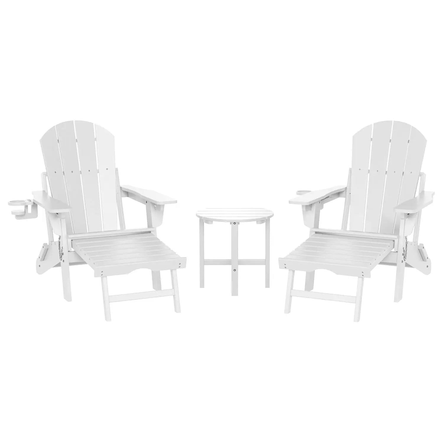 3-Piece Folding Adirondack Chair Set Adjustable Cup Holder Hideaway Ottoman 18" Side Table Outdoor Patio Garden White Custom