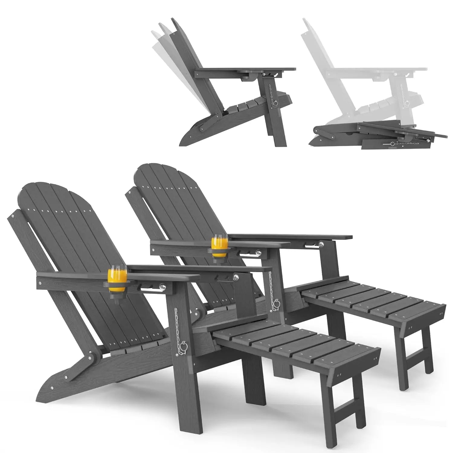 HDPE Folding Adirondack Chair Set 2 Retractable Ottoman Cup Holder All-Weather Patio Pool Fire Pit, Customized