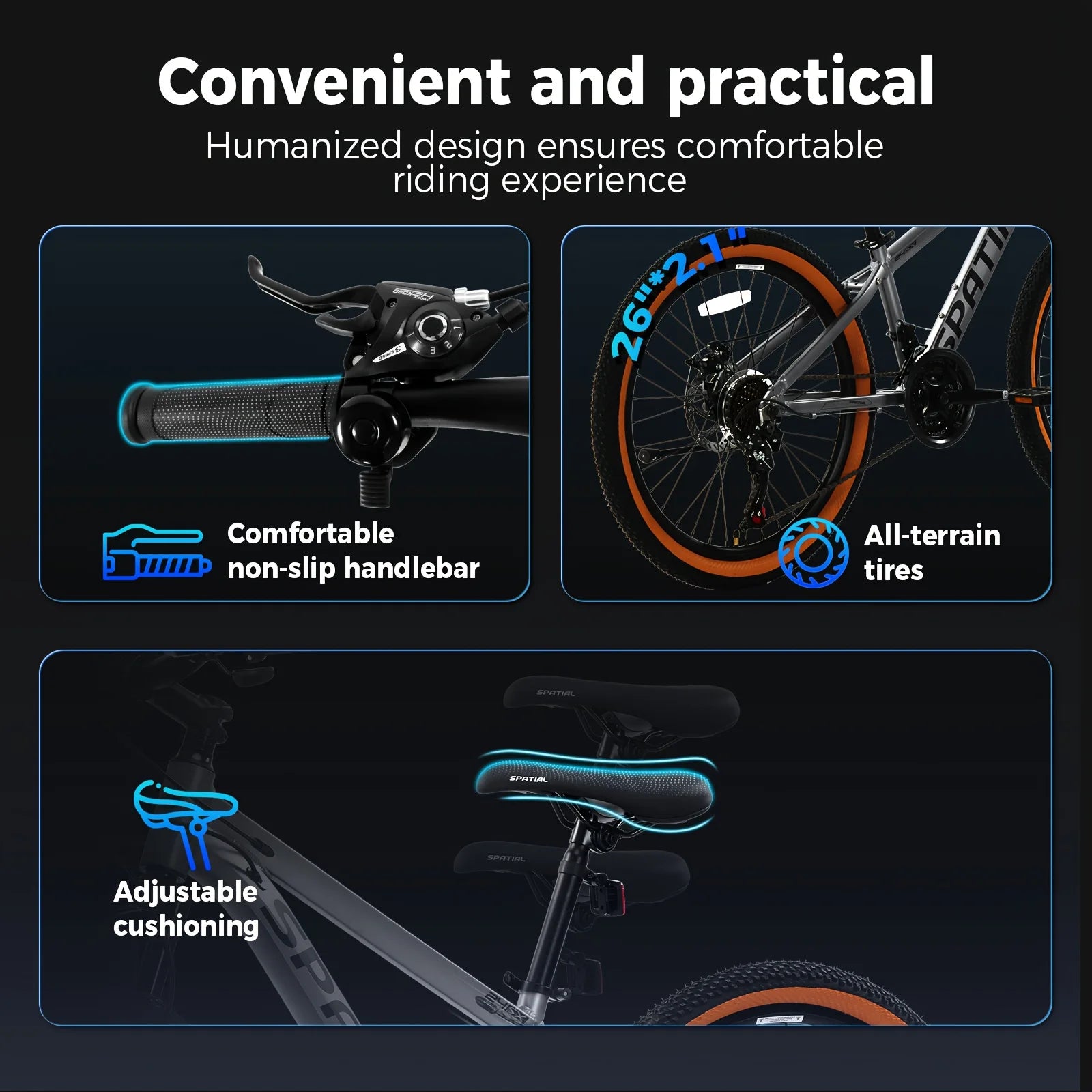 SPATIAL 26" Fat Tire Mountain Bike, Aluminum Frame with Dual Disc Brake & Suspension for Adults