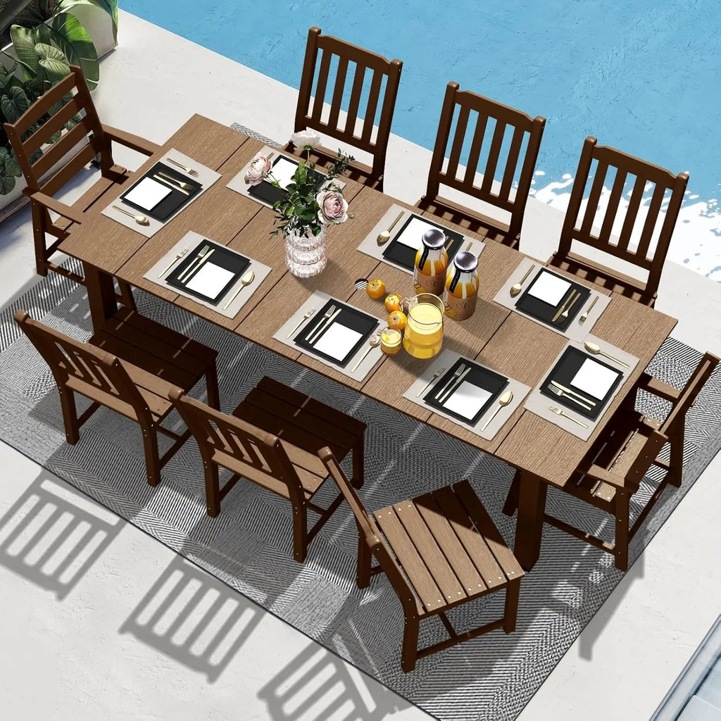 7 Pieces Patio Dining Sets, 75.2'' Table Outdoor HDPE Furniture Set w/ 2" Hole Cut-Out Dining Table with 6 Patio Chairs for Law