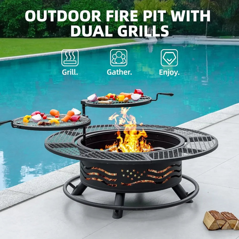 47 Inch  Outdoor Fire Pit with 2 Cooking Grates, BBQ Grill