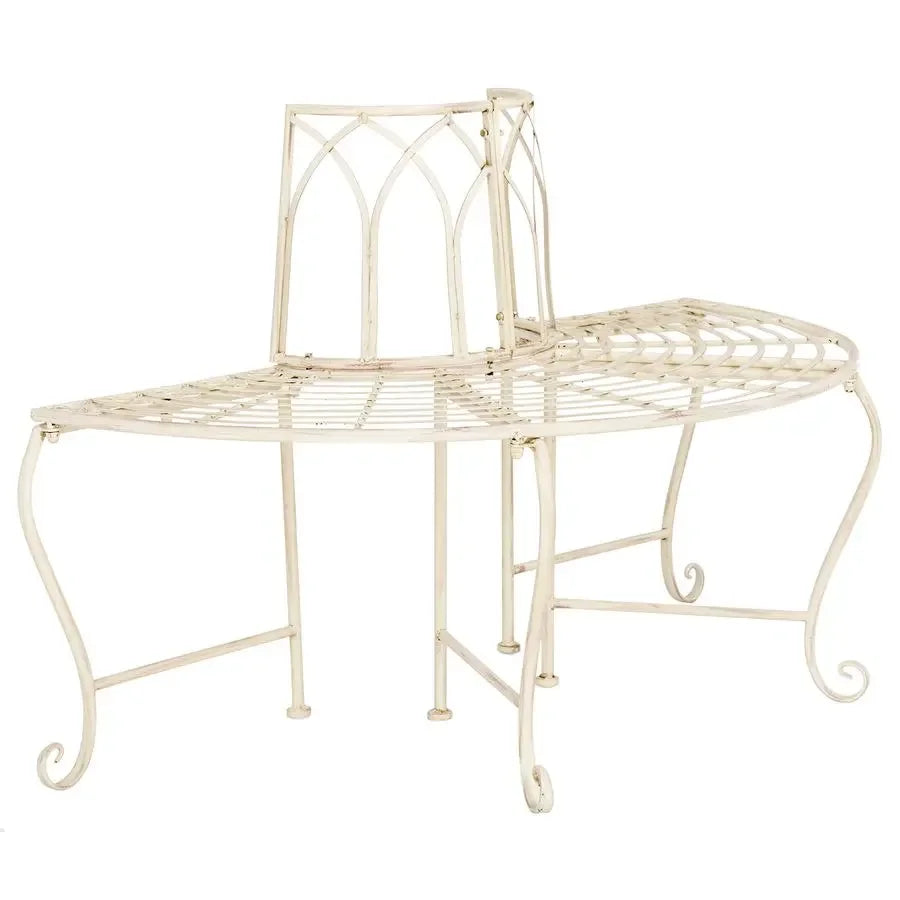 Outdoor Furniture Collection Abia Antique White Distressed Wrought Iron 50Inch Curved Tree Bench, Garden amp Patio Seating PAT5