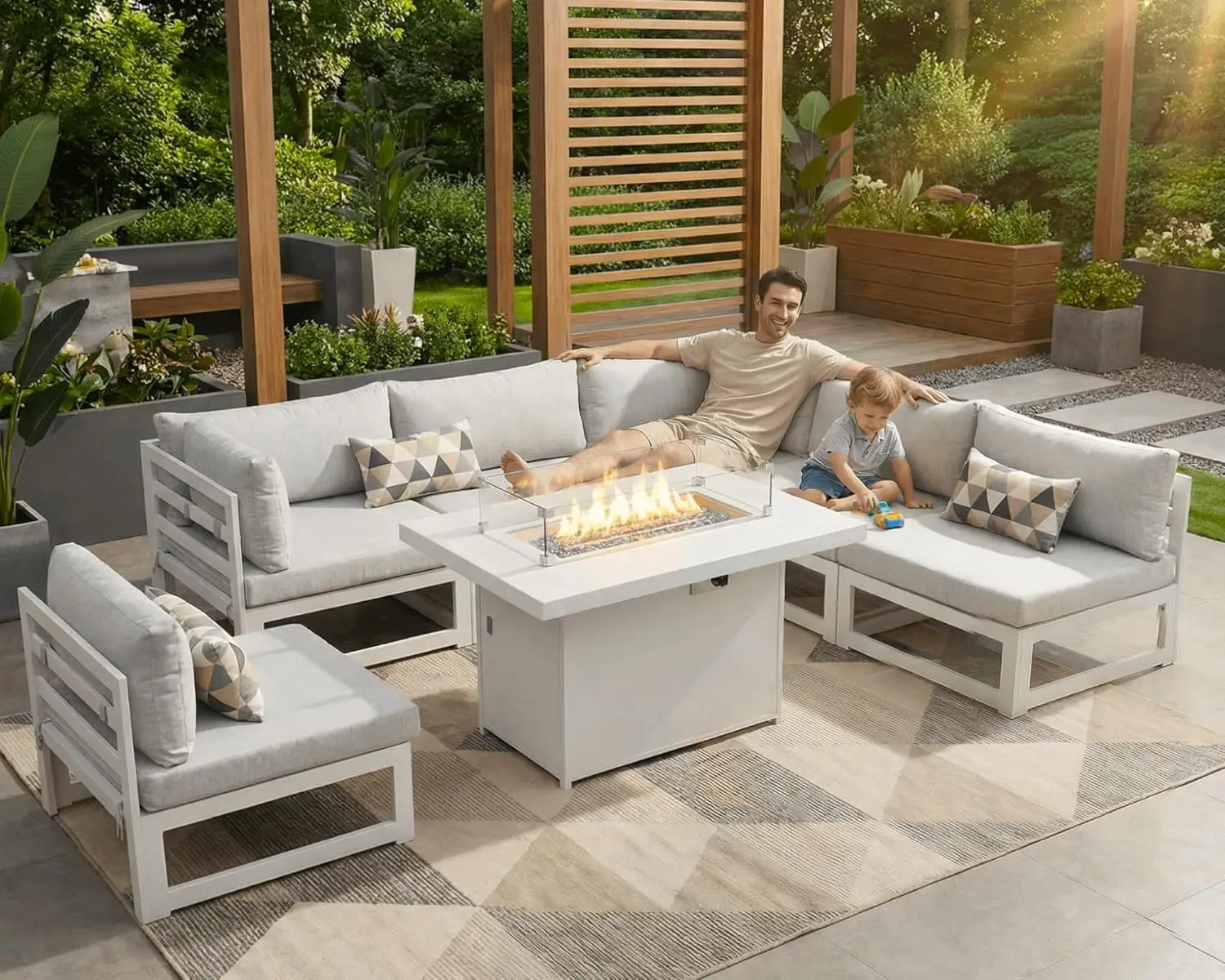 6 Person Large  Outdoor Patio Furniture Set With Fireplace