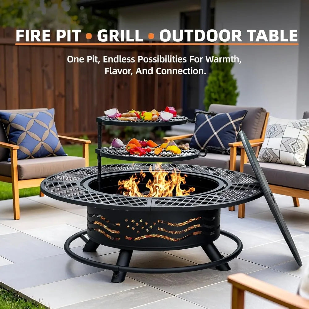 47 Inch  Outdoor Fire Pit with 2 Cooking Grates, BBQ Grill