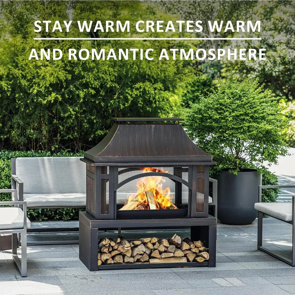 Large Outdoor Fire Pit with Chimney & Wood Storage - Ideal for Backyard, Patio, Camping