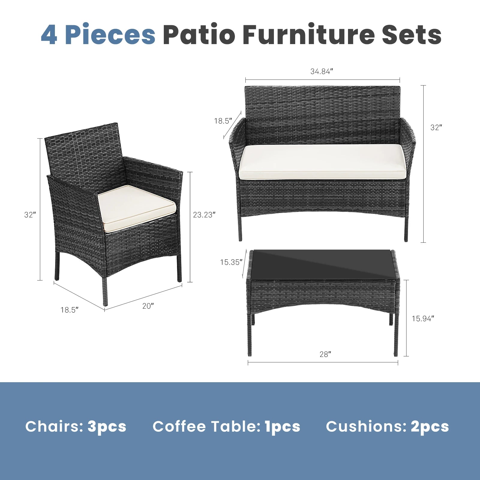 JHK 4 Piece Outdoor Patio Furniture Set with Soft Cushion and Glass Table Manual Weaving Wicker Rattan Patio Chairs For Garden