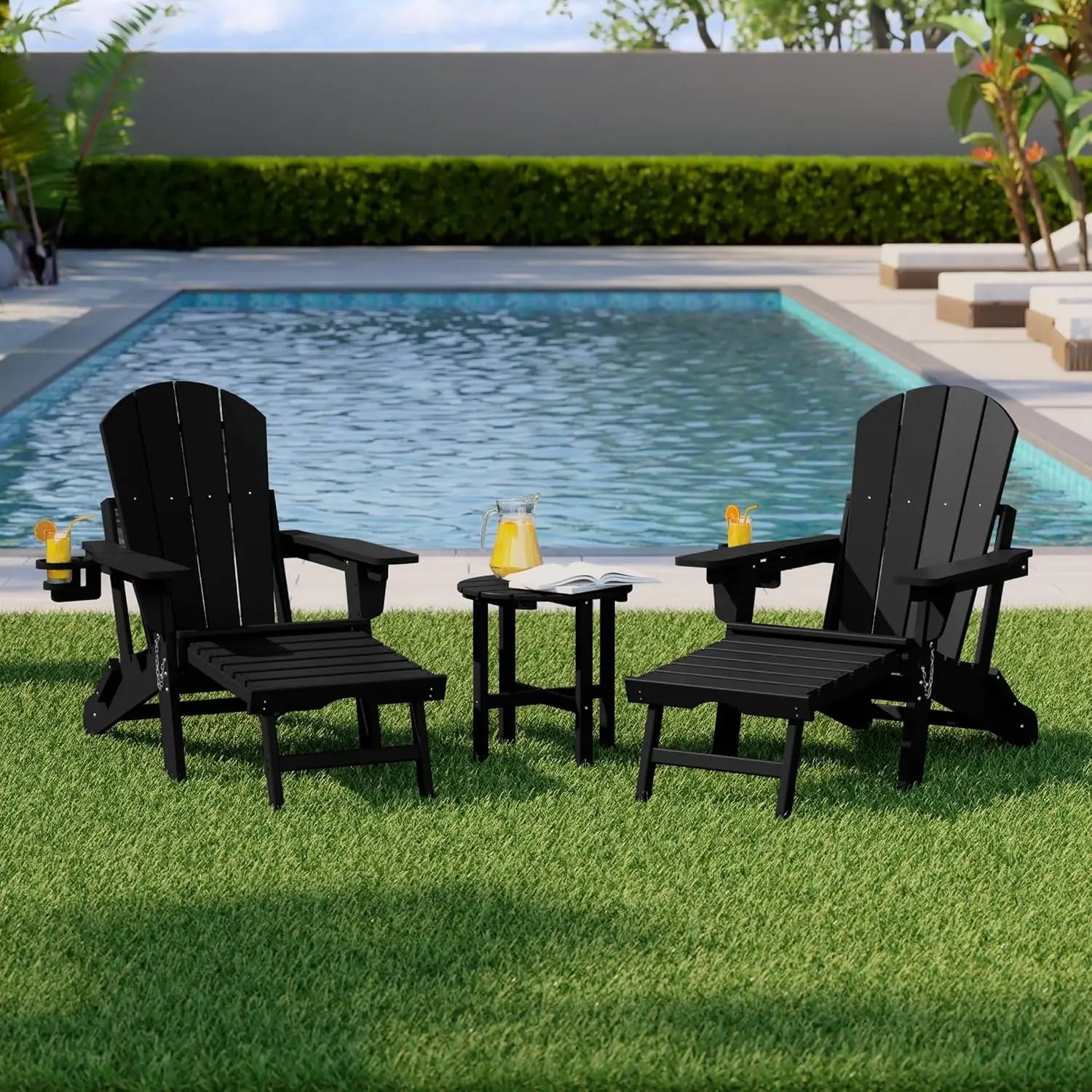 3-Piece Folding Adirondack Chair Set Adjustable Cup Holder Hideaway Ottoman 18" Side Table Outdoor Patio Garden White Custom