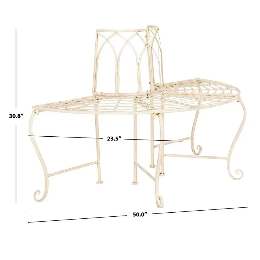 Outdoor Furniture Collection Abia Antique White Distressed Wrought Iron 50Inch Curved Tree Bench, Garden amp Patio Seating PAT5