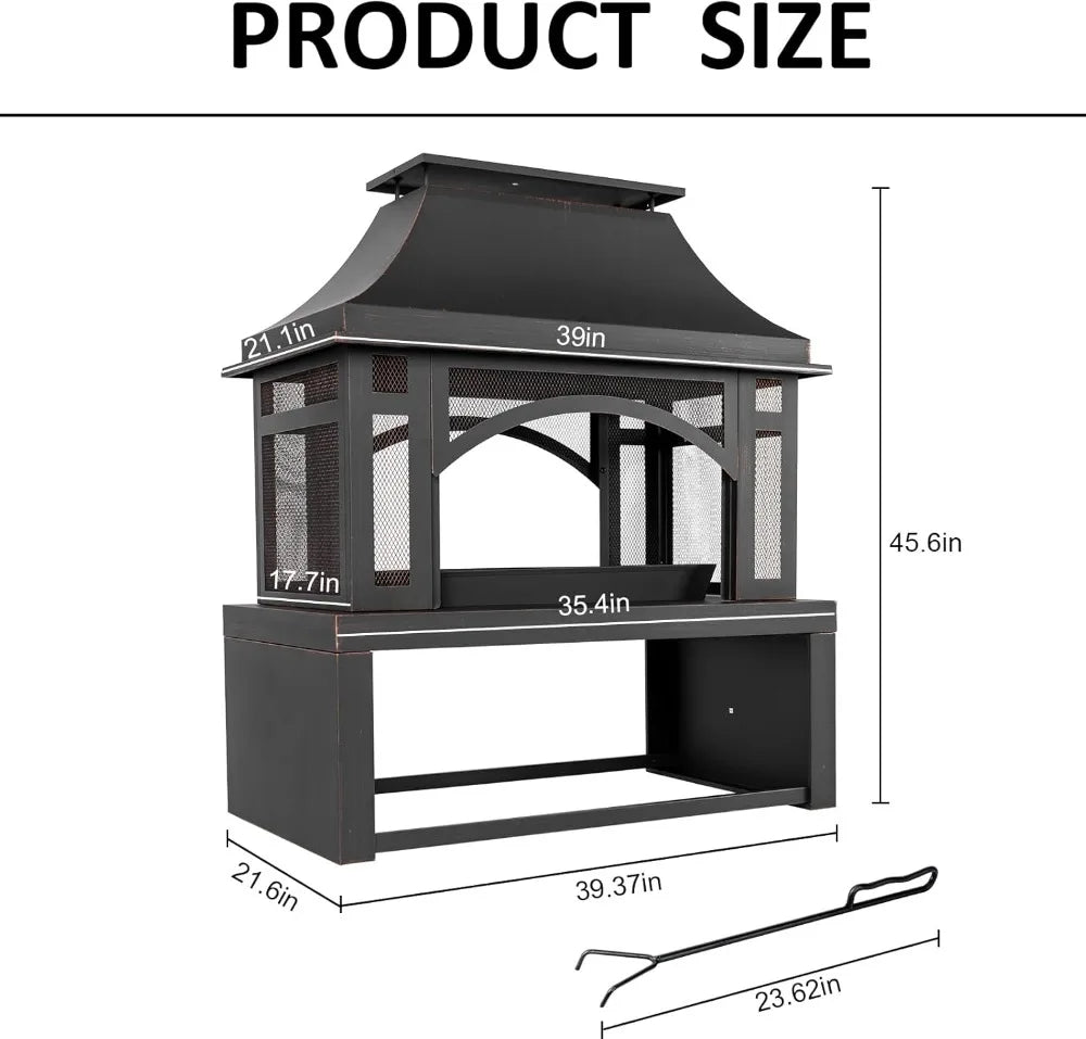 Large Outdoor Fire Pit with Chimney & Wood Storage - Ideal for Backyard, Patio, Camping