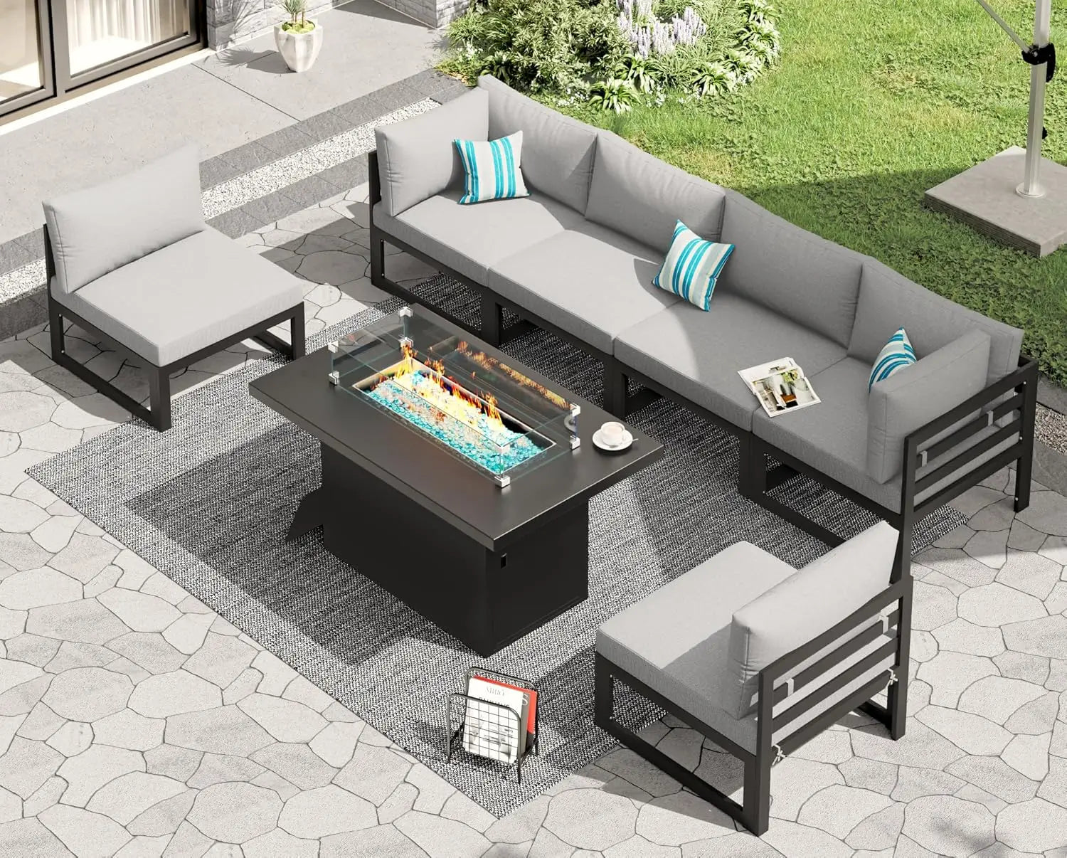 6 Person Large  Outdoor Patio Furniture Set With Fireplace