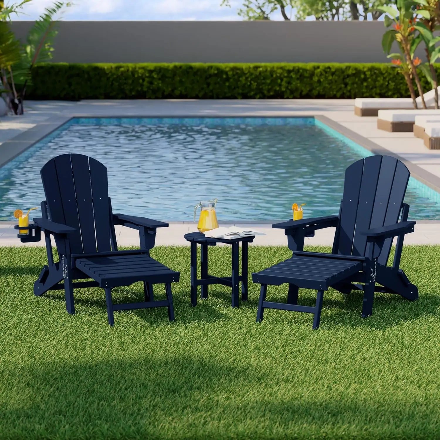 3-Piece Folding Adirondack Chair Set Adjustable Cup Holder Hideaway Ottoman 18" Side Table Outdoor Patio Garden White Custom