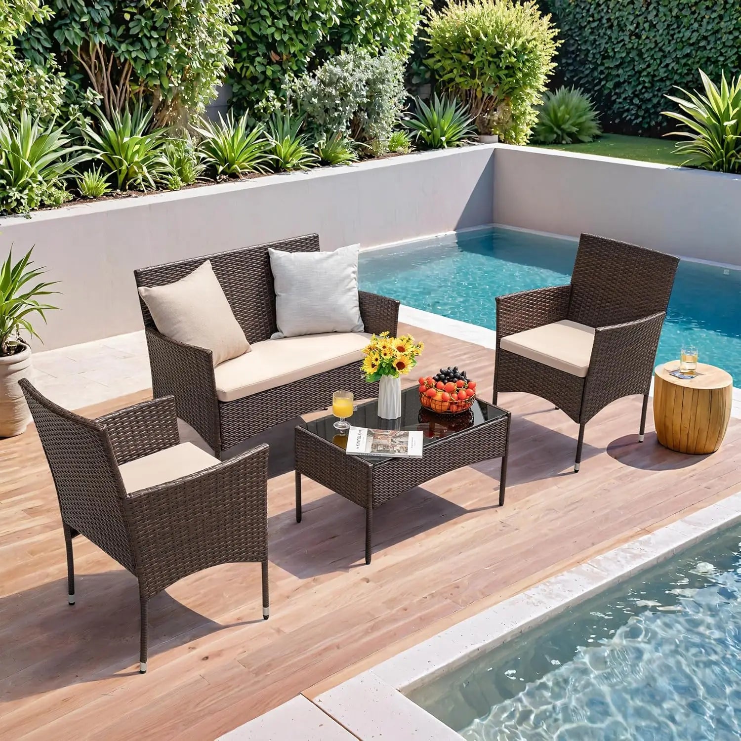 4 Pieces Outdoor Patio Furniture Sets Rattan Chair Wicker Set,Outdoor Indoor Use Backyard Porch