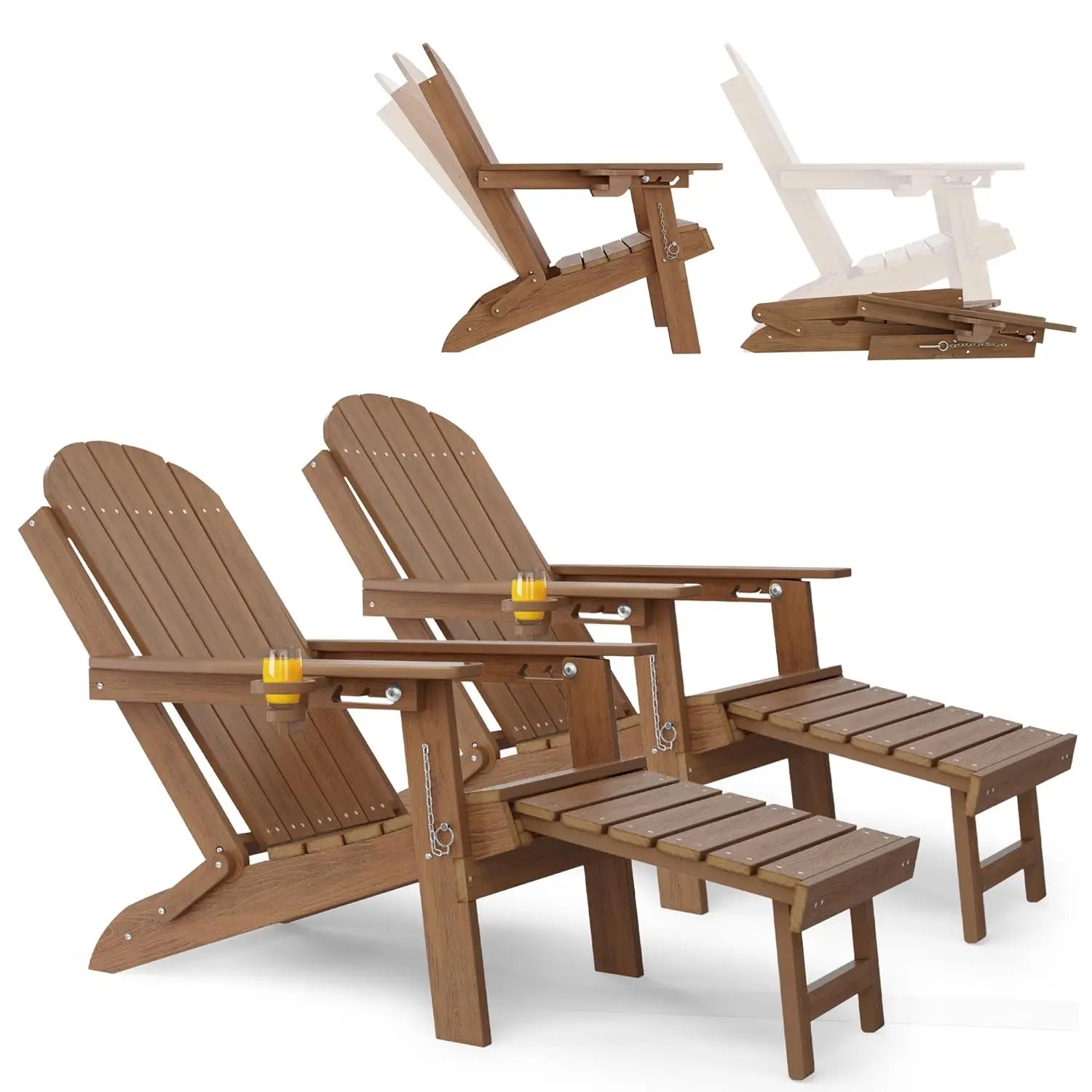 HDPE Folding Adirondack Chair Set 2 Retractable Ottoman Cup Holder All-Weather Patio Pool Fire Pit, Customized