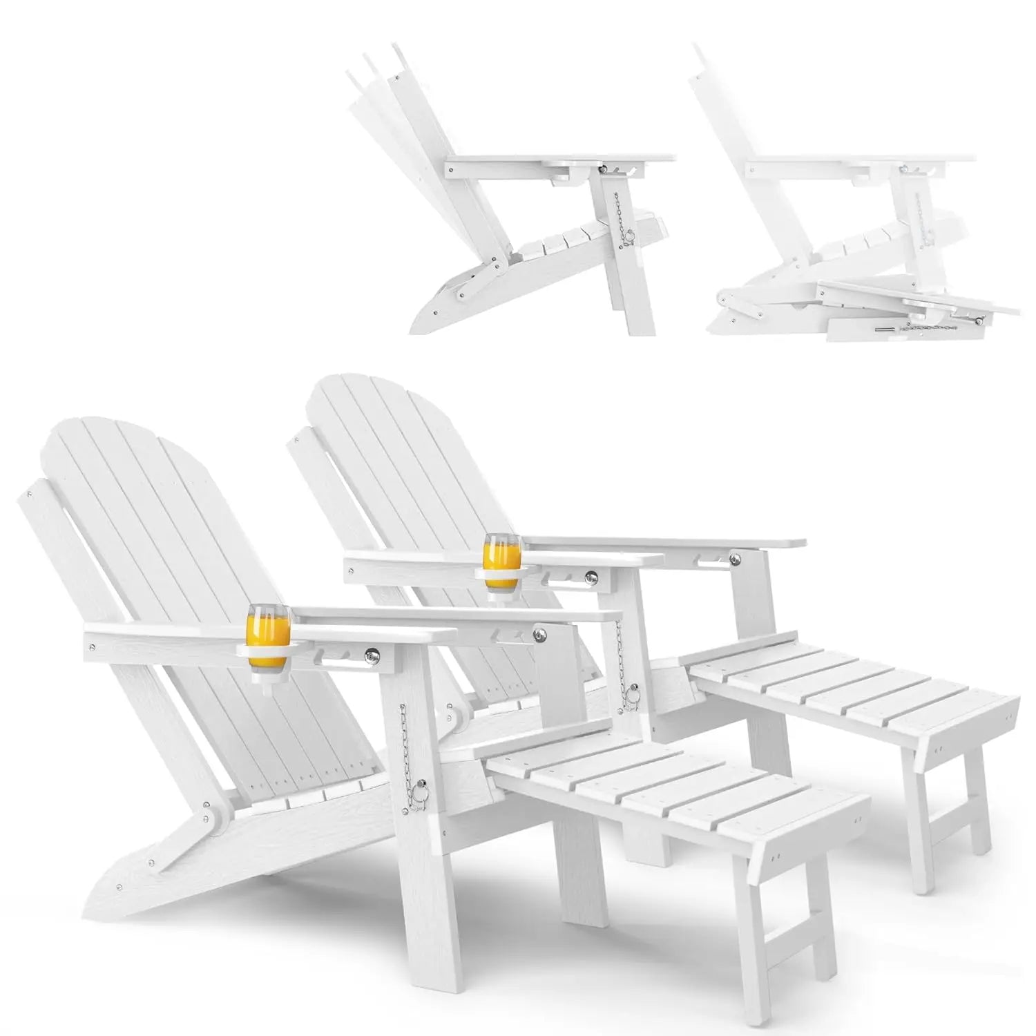 HDPE Folding Adirondack Chair Set 2 Retractable Ottoman Cup Holder All-Weather Patio Pool Fire Pit, Customized