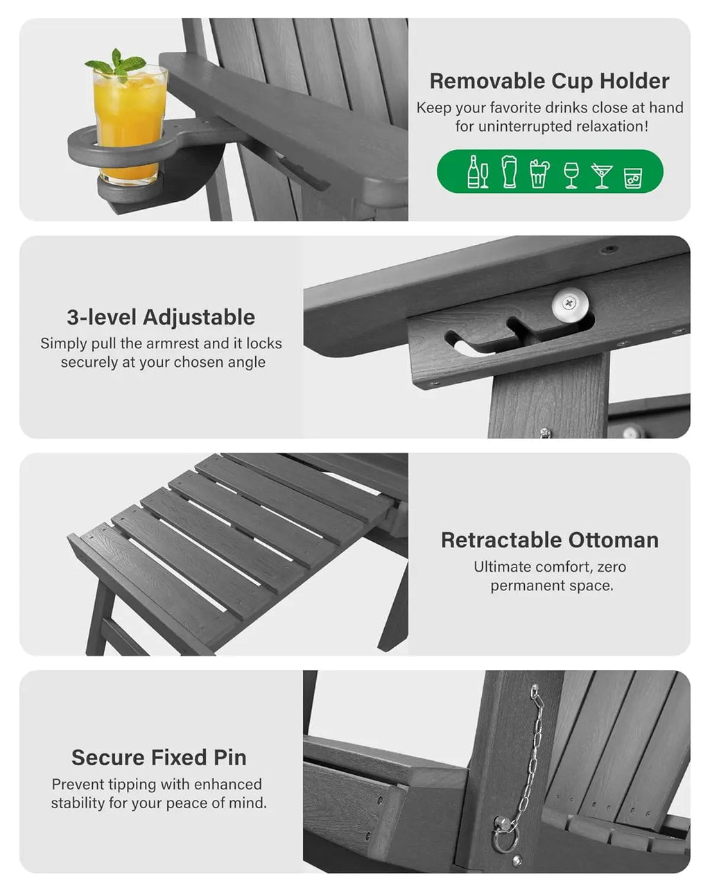 HDPE Folding Adirondack Chair Set 2 Retractable Ottoman Cup Holder All-Weather Patio Pool Fire Pit, Customized