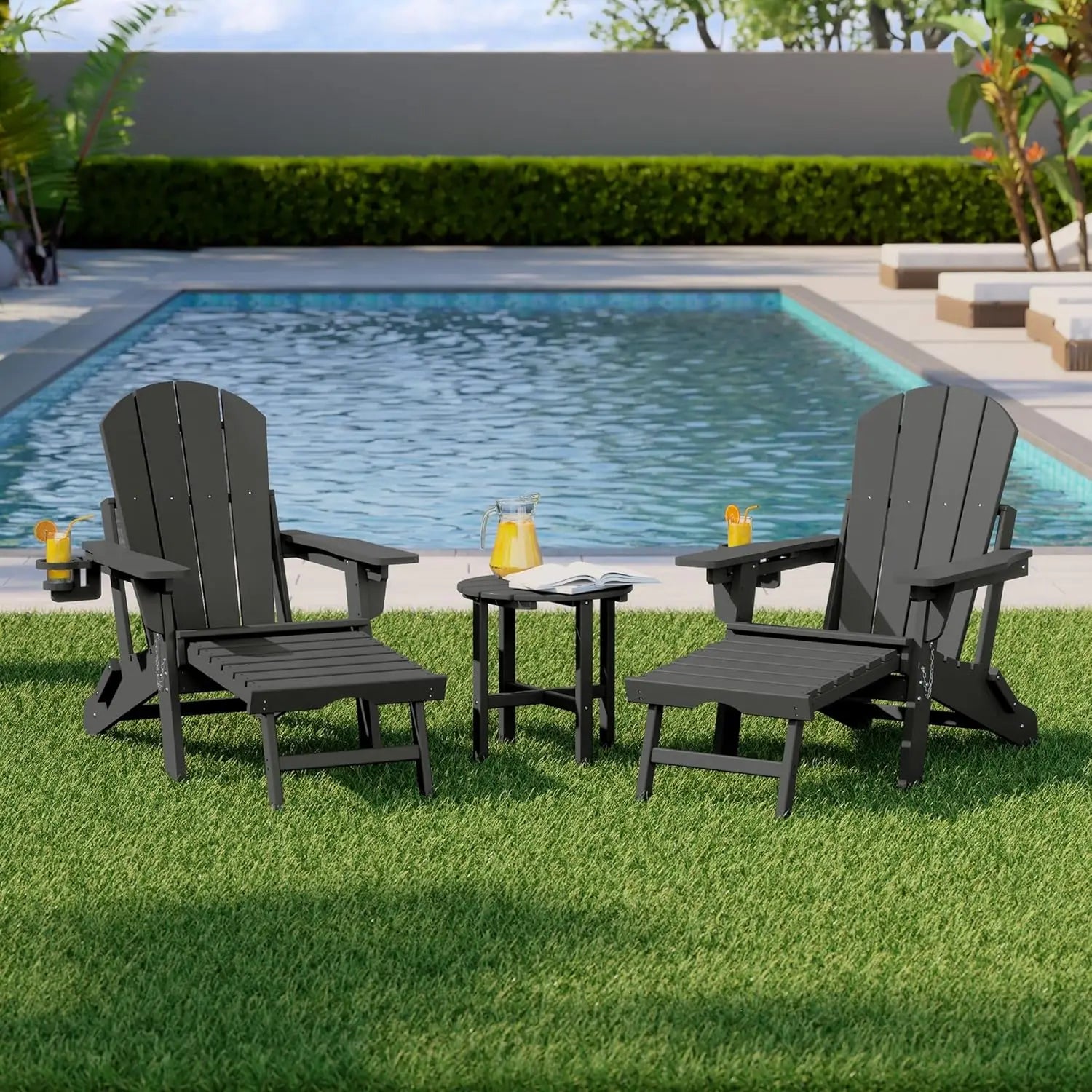 3-Piece Folding Adirondack Chair Set Adjustable Cup Holder Hideaway Ottoman 18" Side Table Outdoor Patio Garden White Custom