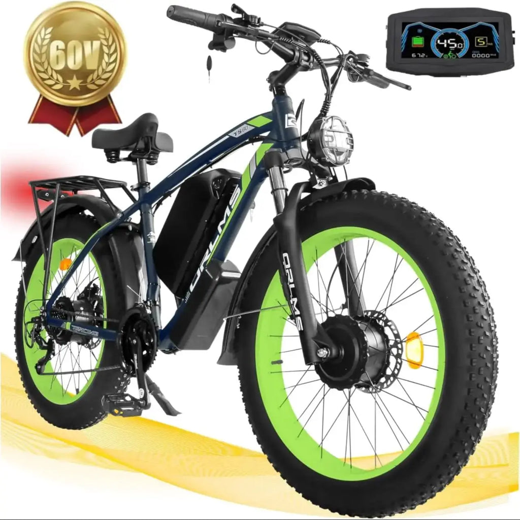 TS60 5000W Dual Motor E-Bike, 60V 25AH Battery Electric Bike for Adults, 45MPH Mountain AWD 21-Speed with 26" x 4.0 Fat Tire
