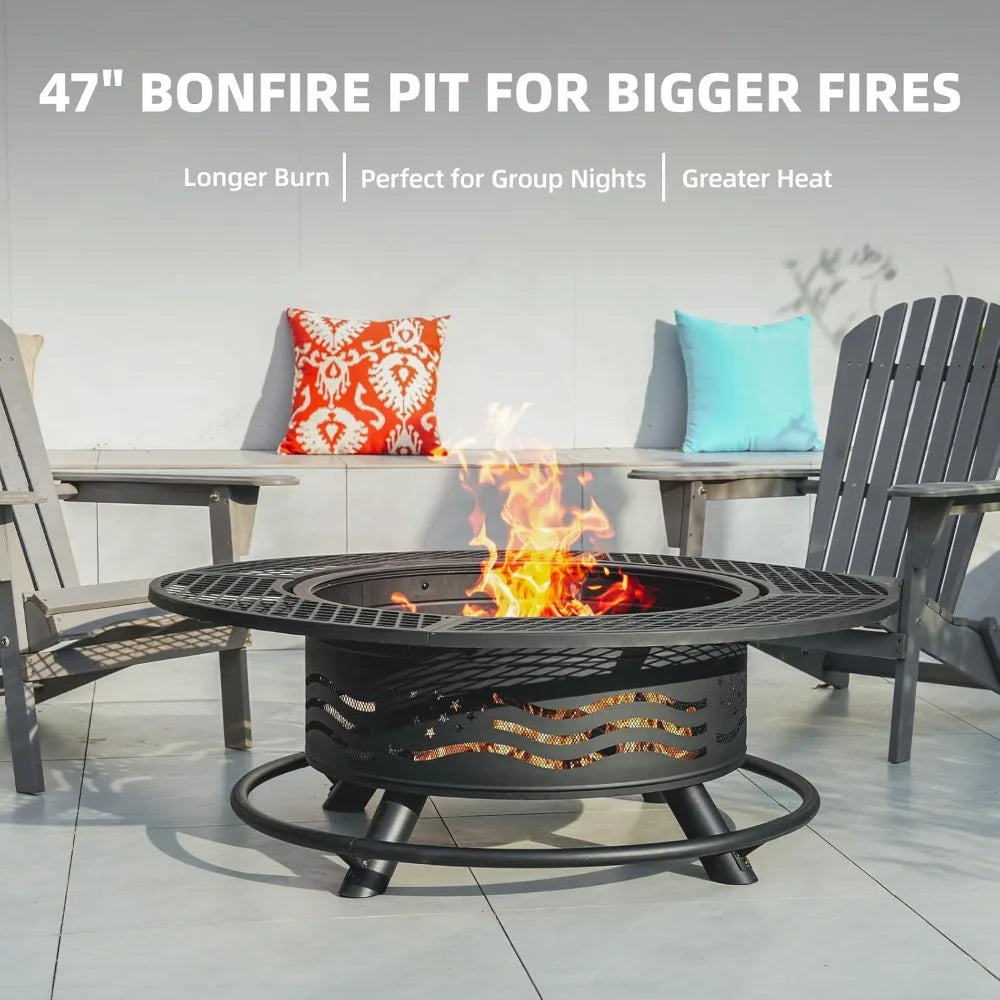47 Inch  Outdoor Fire Pit with 2 Cooking Grates, BBQ Grill