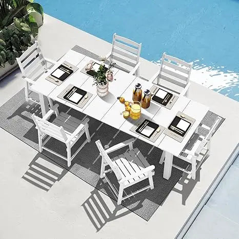7 Pieces Patio Dining Sets, 75.2'' Table Outdoor HDPE Furniture Set w/ 2" Hole Cut-Out Dining Table with 6 Patio Chairs for Law
