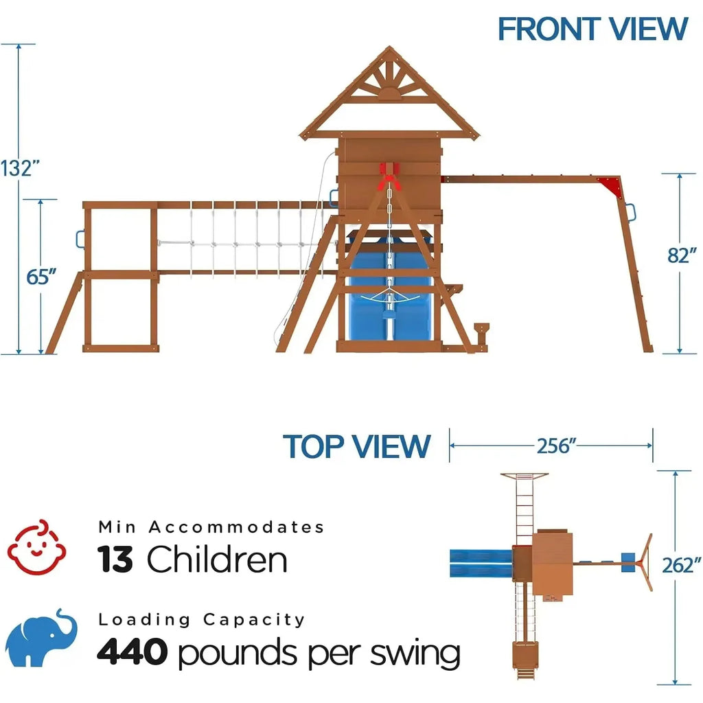Best Seller Swing Sets for Backyard with Plank Bridge, Wooden Playground Sets for Backyards with 2 Wave Slides, Monkey bar