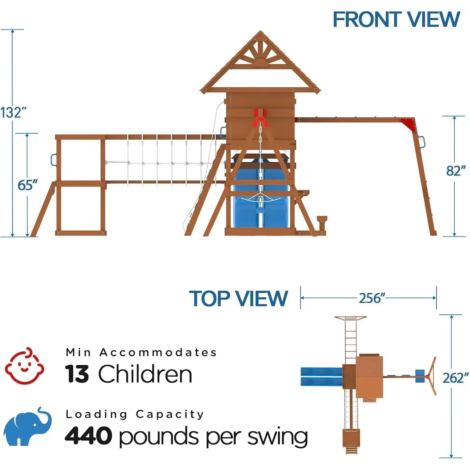 Best Seller Swing Sets for Backyard with Plank Bridge, Wooden Playground Sets for Backyards with 2 Wave Slides, Monkey bar