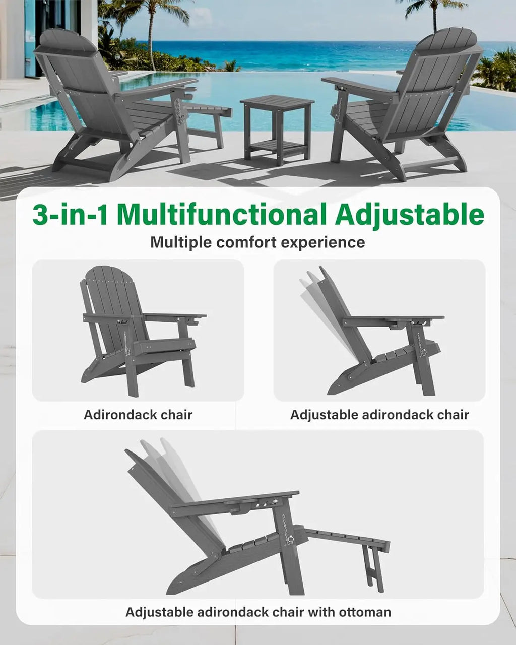 HDPE Folding Adirondack Chair Set 2 Retractable Ottoman Cup Holder All-Weather Patio Pool Fire Pit, Customized