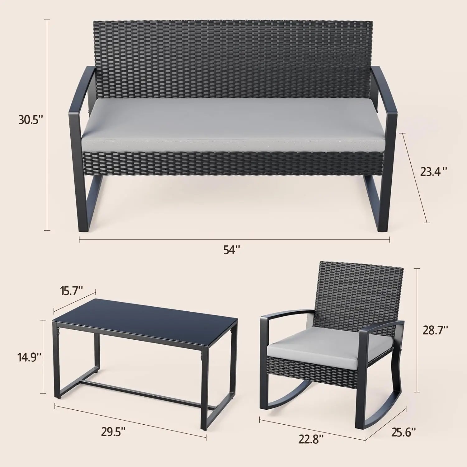 4 Piece Outdoor Patio Furniture Set, Wicker Patio Furniture with Glass Coffee Table, Rocking Wicker Bistro Set, for, Customized