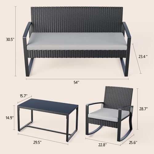 4 Piece Outdoor Patio Furniture Set, Wicker Patio Furniture with Glass Coffee Table, Rocking Wicker Bistro Set, for, Customized