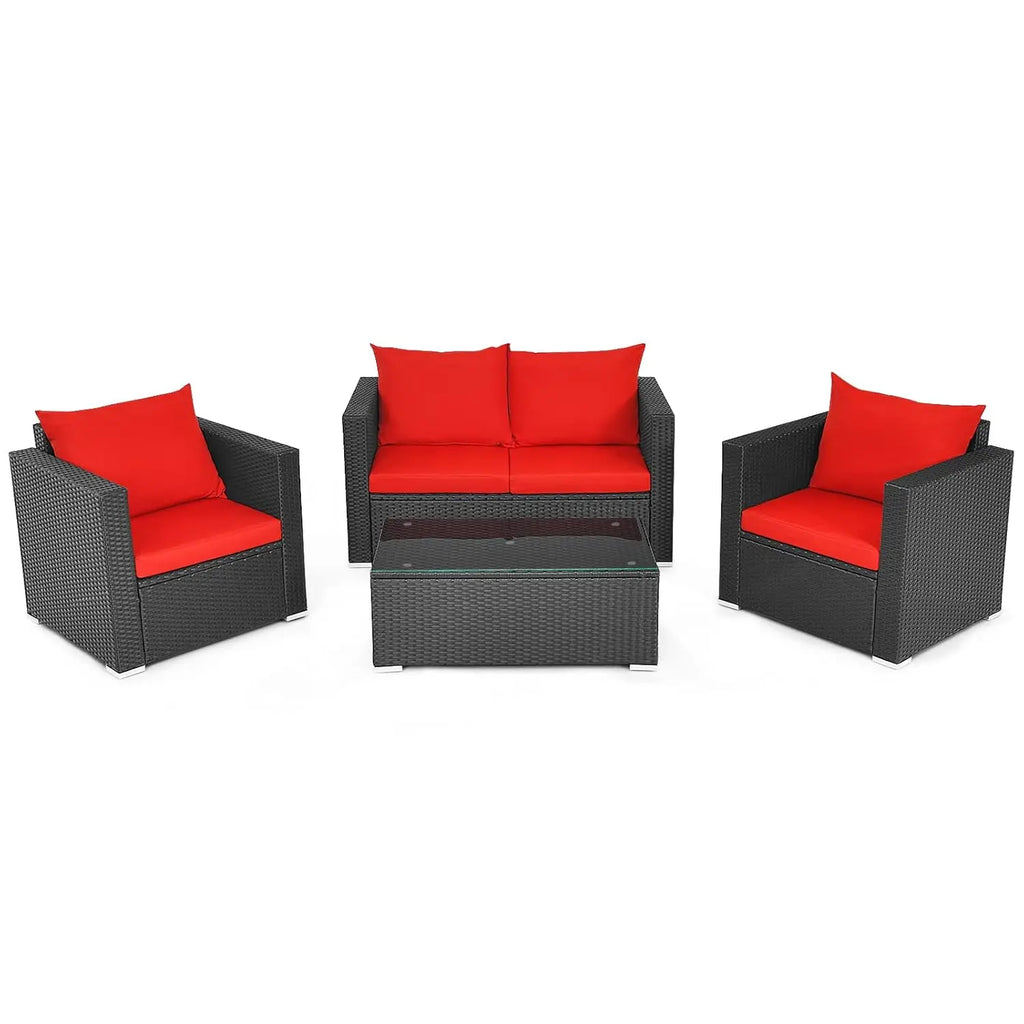 4pc Cushioned Rattan Patio Furniture Set Sofa Loveseat Chair Coffee Table Tempered Glass Top Garden Pool Balcony, Customized