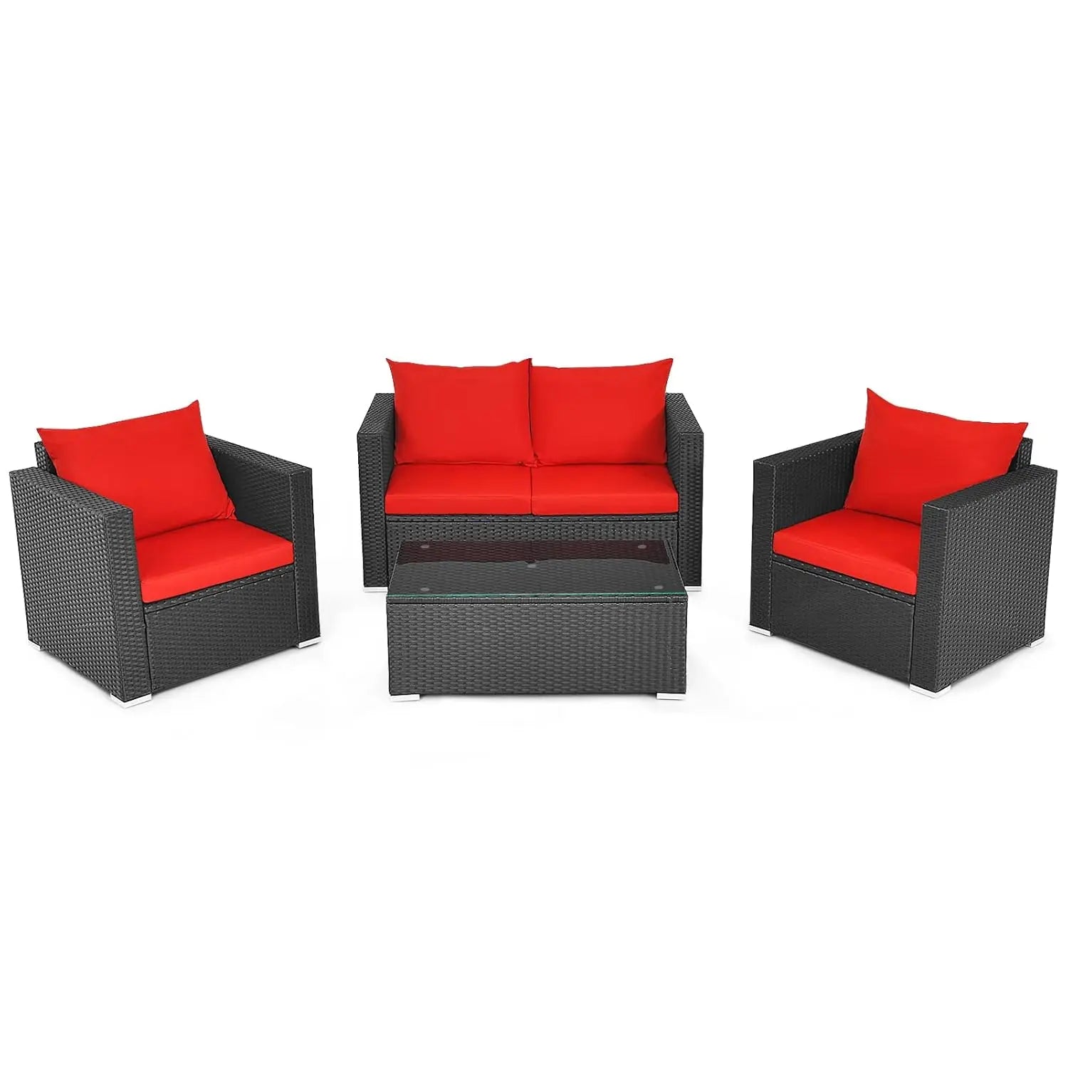 4pc Cushioned Rattan Patio Furniture Set Sofa Loveseat Chair Coffee Table Tempered Glass Top Garden Pool Balcony, Customized