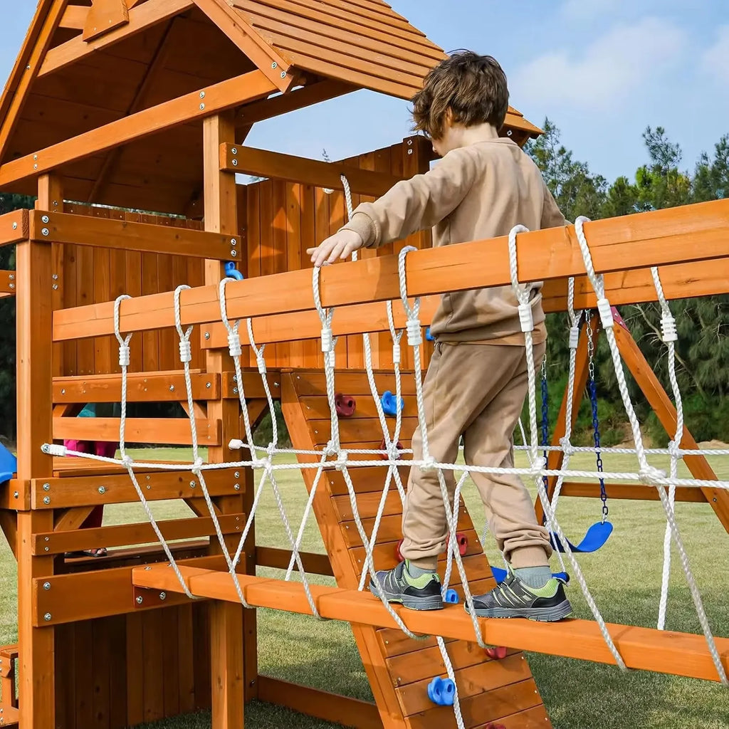 Best Seller Swing Sets for Backyard with Plank Bridge, Wooden Playground Sets for Backyards with 2 Wave Slides, Monkey bar