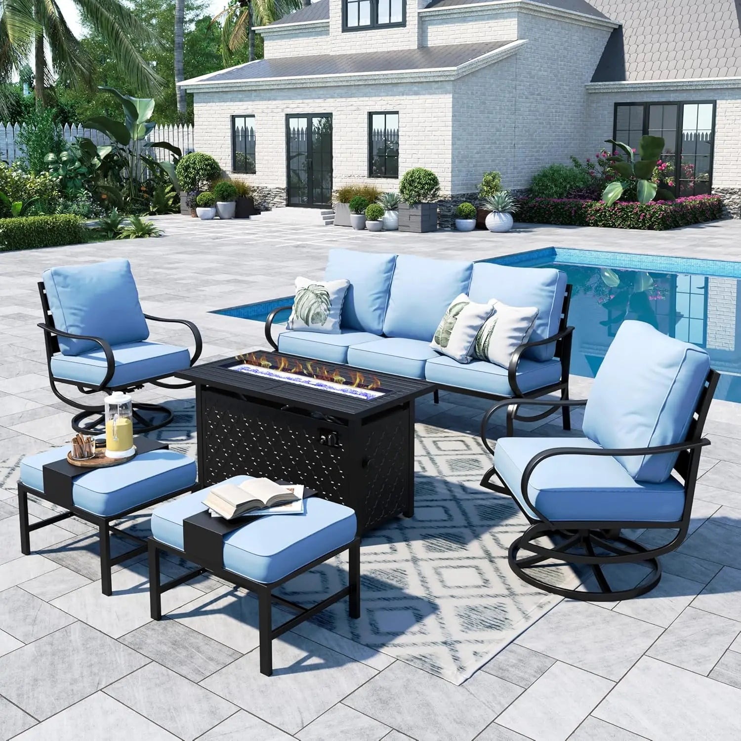 45" Gas Fire Pit Table With 2 X Swivel Chairs, Cushioned Sofa