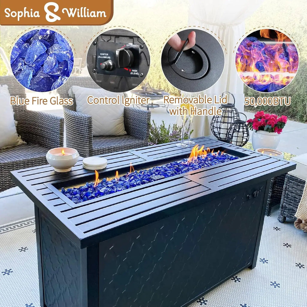 45" Gas Fire Pit Table With 2 X Swivel Chairs, Cushioned Sofa