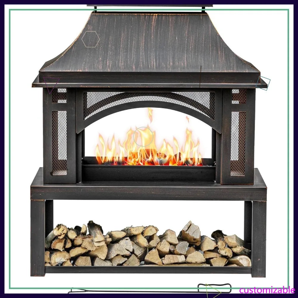 Large Outdoor Fire Pit with Chimney & Wood Storage - Ideal for Backyard, Patio, Camping