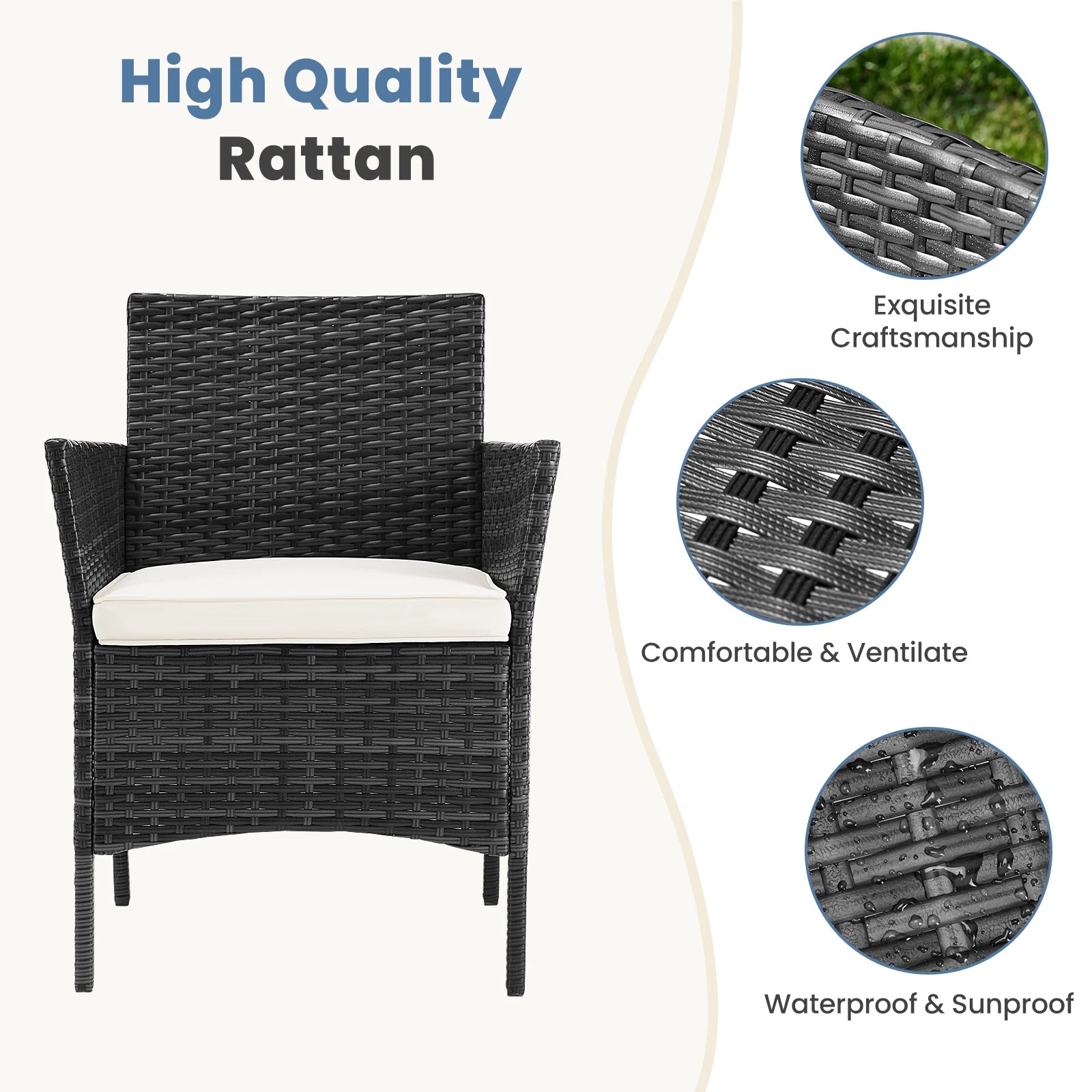 JHK 4 Piece Outdoor Patio Furniture Set with Soft Cushion and Glass Table Manual Weaving Wicker Rattan Patio Chairs For Garden