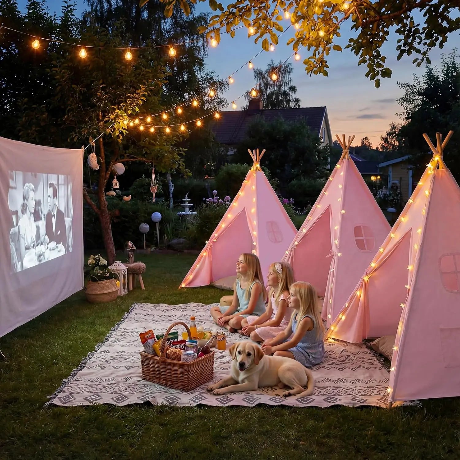 2-Pack Pink Teepee Tents for Kids with Lights, Foldable Playhouse for Sleepover Parties and Indoor Fun