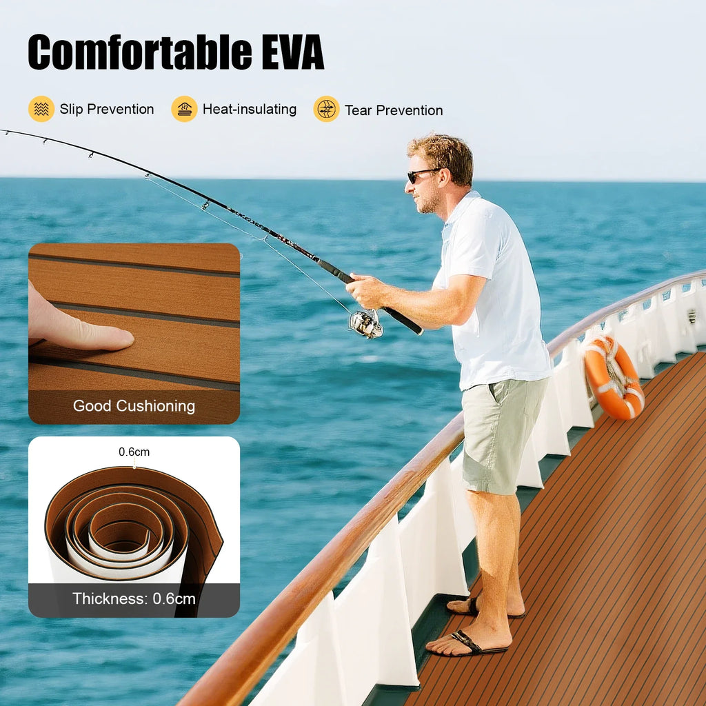 48x16.8‘’ EVA Foam Teak Floor Mat 6mm Thick Anti-Slip Self-Adhesive Pad Cuttable Waterproof Marine Carpet for Boat Deck RV Yacht