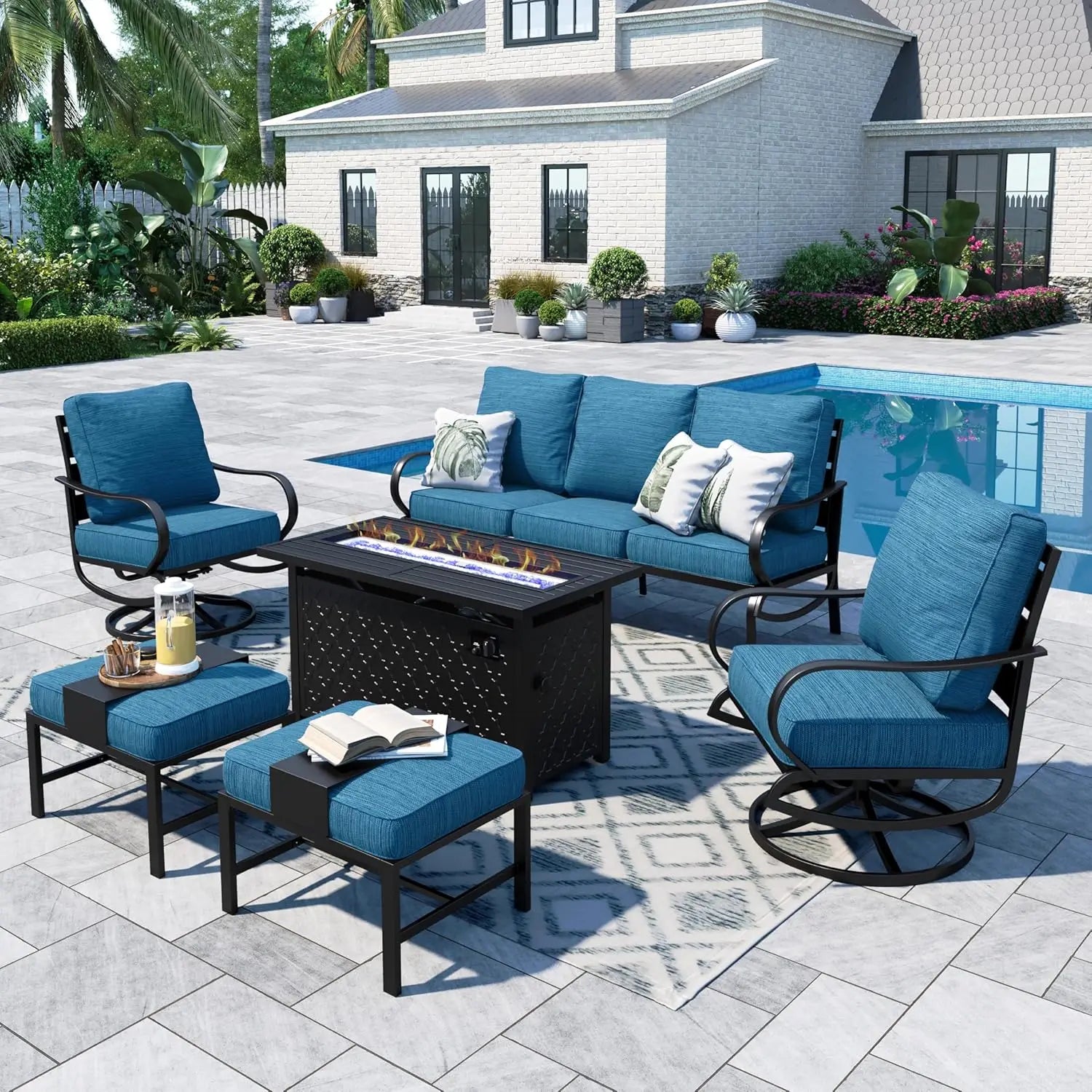 45" Gas Fire Pit Table With 2 X Swivel Chairs, Cushioned Sofa