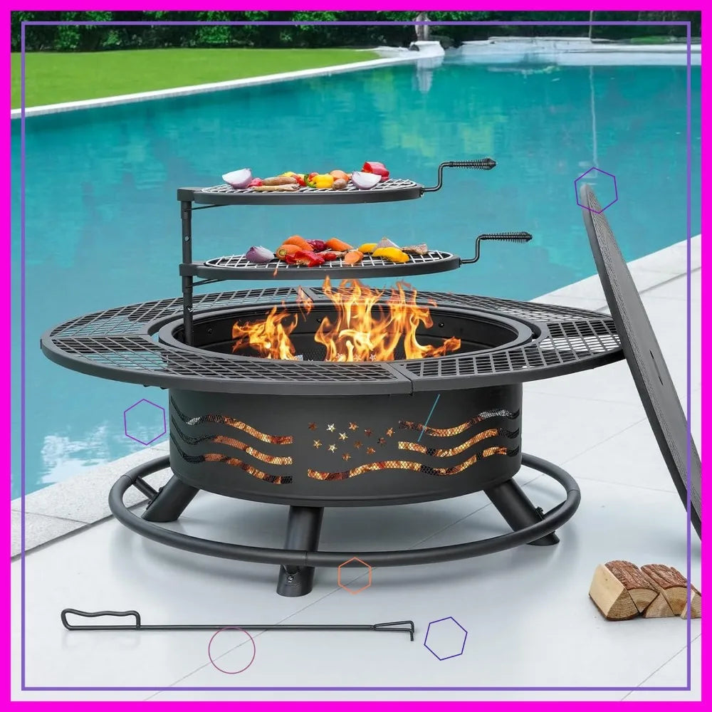 47 Inch  Outdoor Fire Pit with 2 Cooking Grates, BBQ Grill