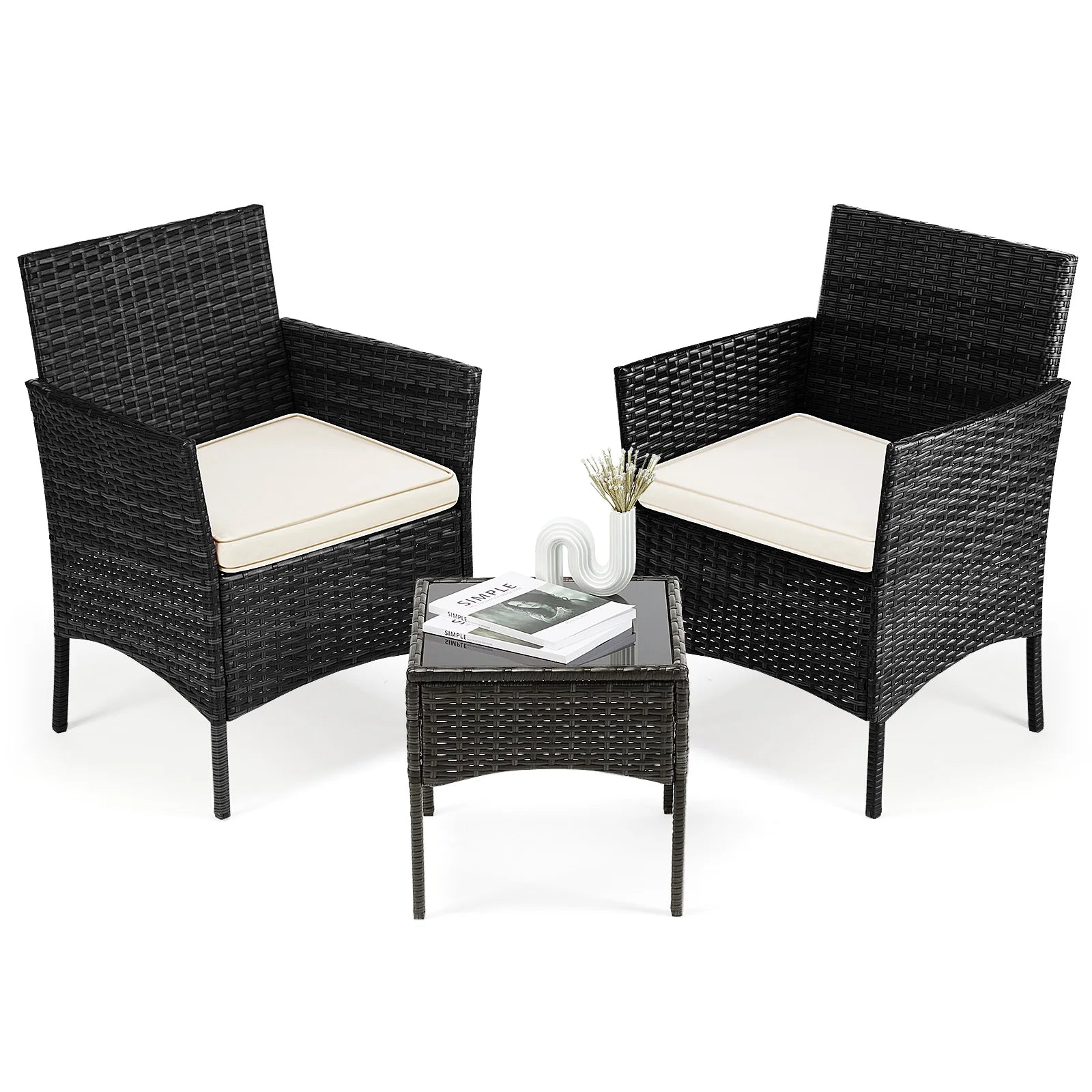 JHK 3 Pieces Outdoor Patio Furniture Set Manual Weaving Wicker Rattan Patio Chairs with Soft Cushion and Glass Table For Garden