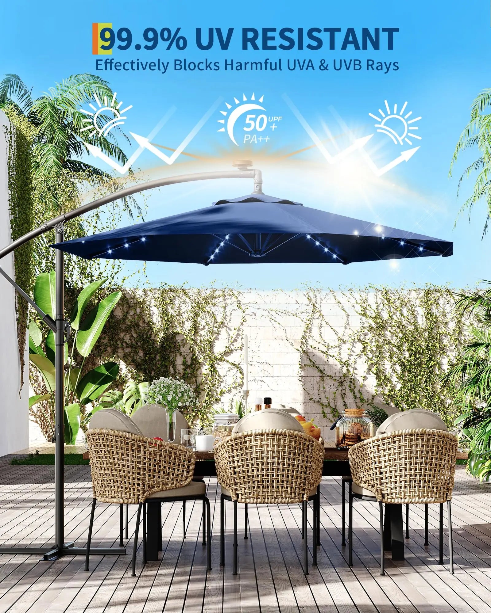 blue patio umbrella with lights Backyard Expressions 9ft Solar 32 LED Crank handle is convenient for effortlessly open and close the umbrella MAISON ARTS 13ft Double -Sided
